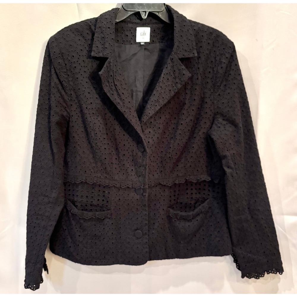 Cabi Black Eyelet Lace Trim Blazer Jacket Size 14 Dark Romantic Feminine  19672